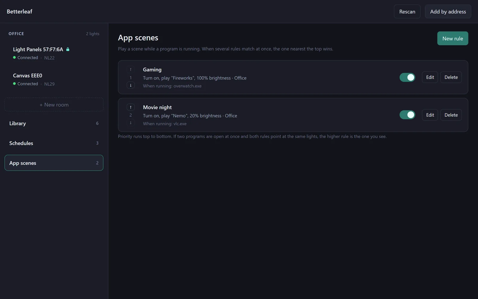 The App scenes view: two rules, Gaming and Movie night, each naming the program it watches for, what it does, and the room it applies to