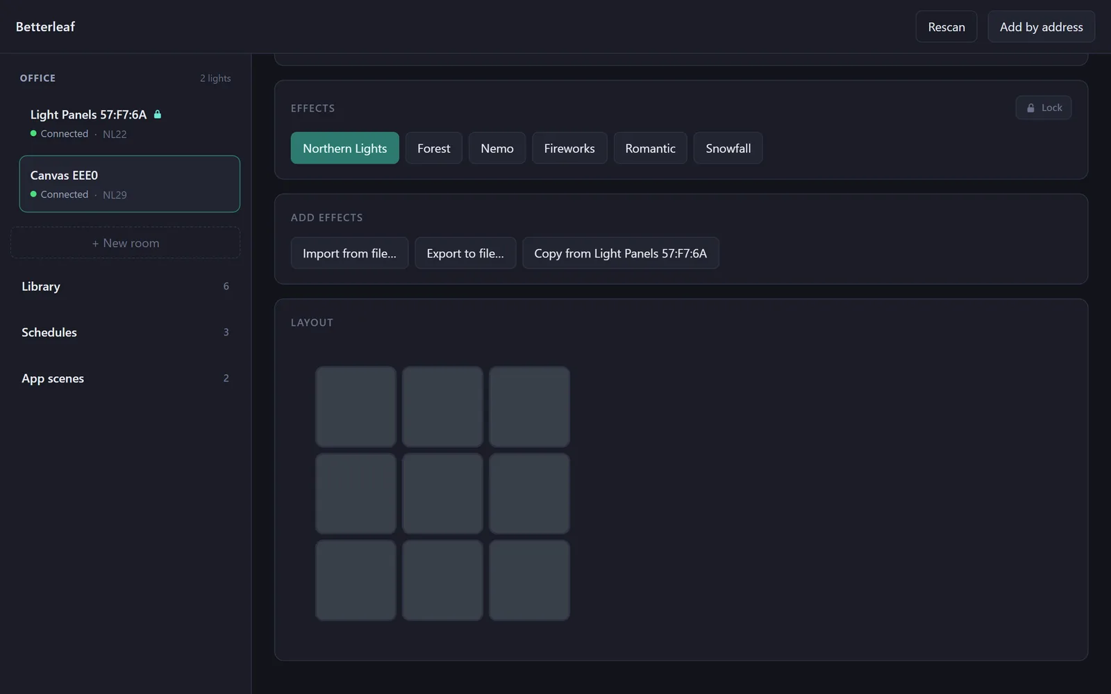 A light's page scrolled to its foot: the scene chips, the buttons to import, export and copy scenes, and the panel layout drawn as it hangs on the wall