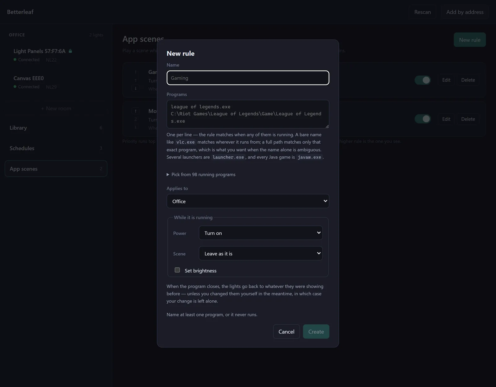 The New rule dialog: name, a Programs box with one entry per line and a picker of running programs, what it applies to, the While it is running box with power, scene and brightness, and a note that the lights go back afterwards