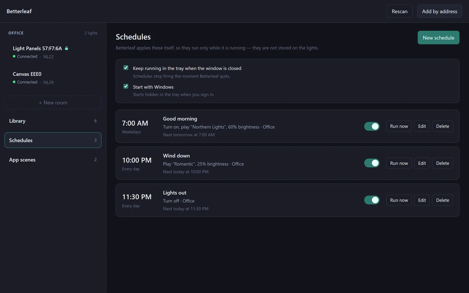 The Schedules view: three schedules with their time, days, action and next run, each with a pause switch and Run now, Edit and Delete buttons